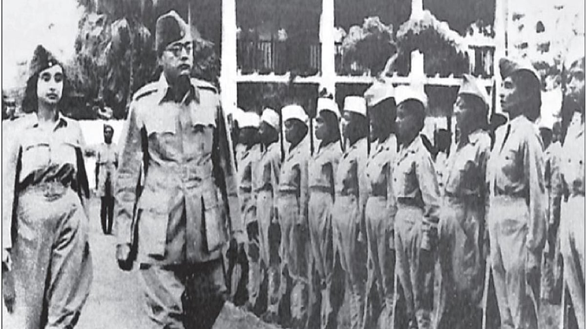  Subhas Chandra Bose, inspecting the guard of honour presented by the Rani of Jhansi Regiment during the opening of the Rani of Jhansi camp, Singapore&nbsp; &nbsp;