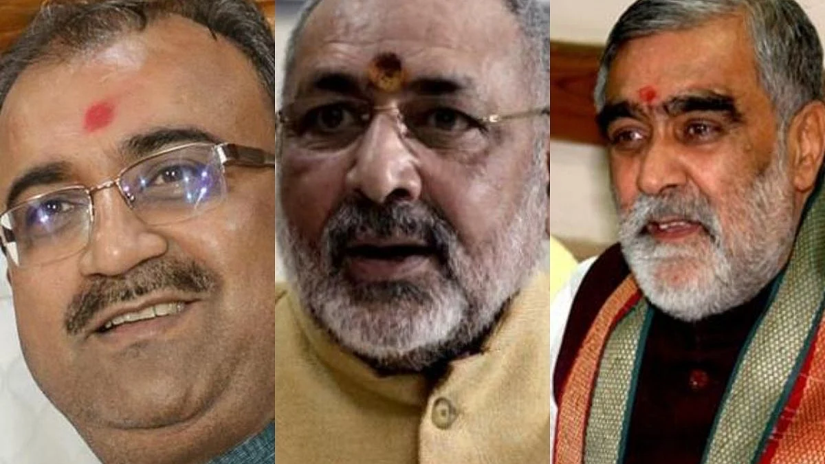 (Left to right) Mangal Pandey (Bihar Health Minister), Giriraj Singh (BJP), Ashwini Choubey(BJP)