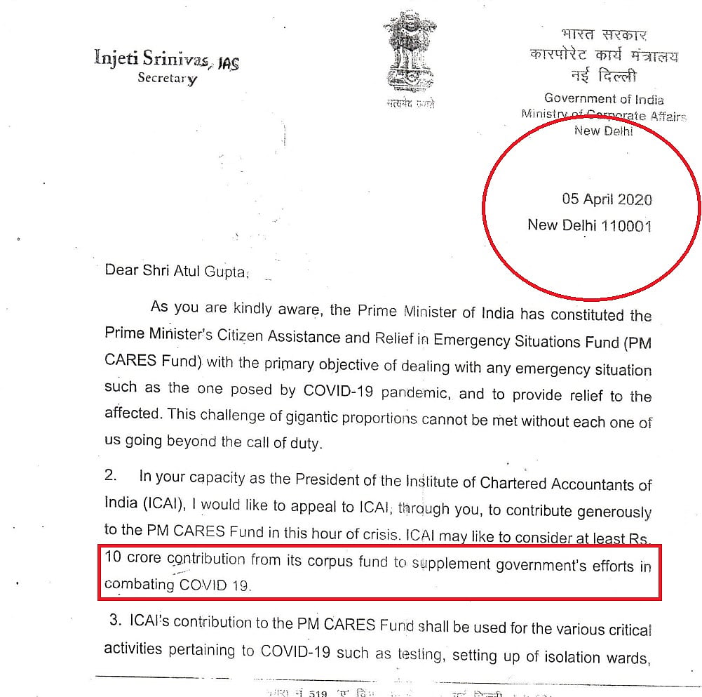 PM CARES Fund: ICAI donated Rs 19.3 crore after being ‘requested’ by Ministry of Corporate Affairs 