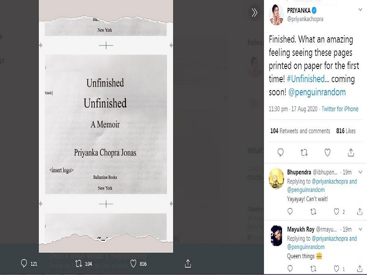 Priyanka Chopra tweets to confirm her memoir is ready in print  