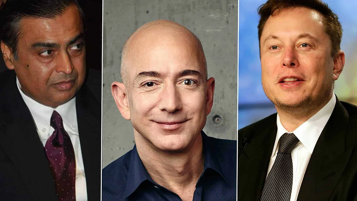(From left) Mukesh Ambani, Jeff Bezos and Elon Musk