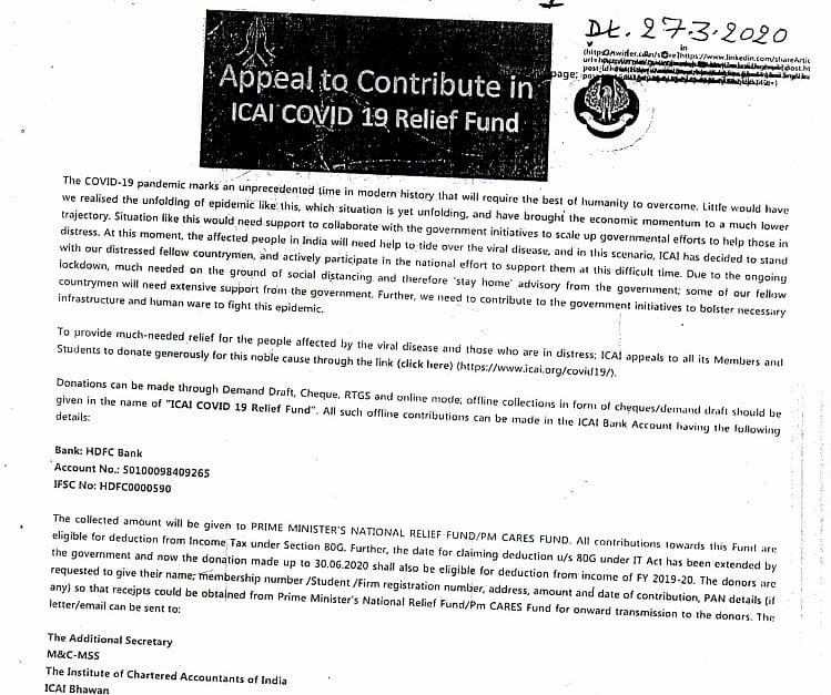 PM CARES Fund: ICAI donated Rs 19.3 crore after being ‘requested’ by Ministry of Corporate Affairs 
