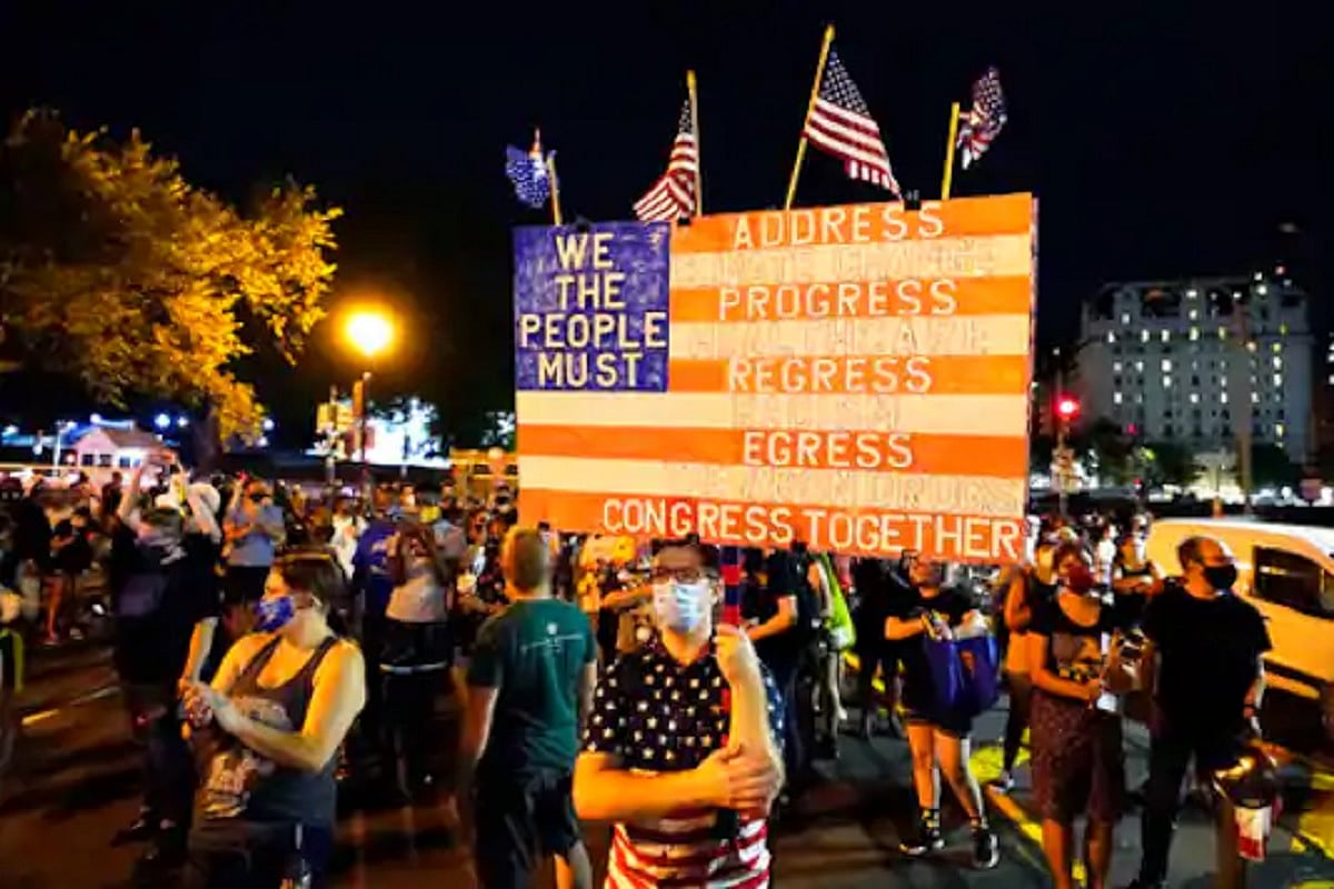 Protesters gather in an attempt to drown out Trump’s speech 