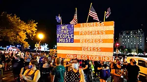 Protesters gather in an attempt to drown out Trump’s speech