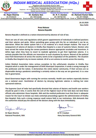 IMA supports unpaid Hindu Rao docs; calls the matter systemic failure of ‘banana republic’ 