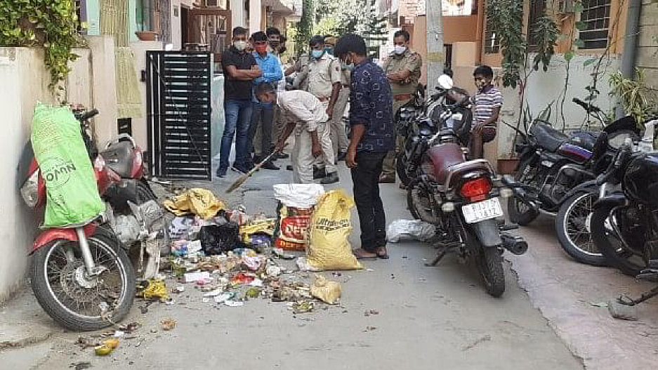 Garbage dumped outside Hathras DM’s house in Jaipur