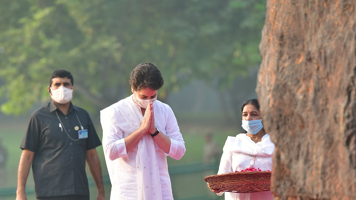 Congress leader Priyanka Gandhi pays floral tribute to former prime minister Indira Gandhi on her death anniversary at Shakti Sthal, in New Delhi, October 31, 2020