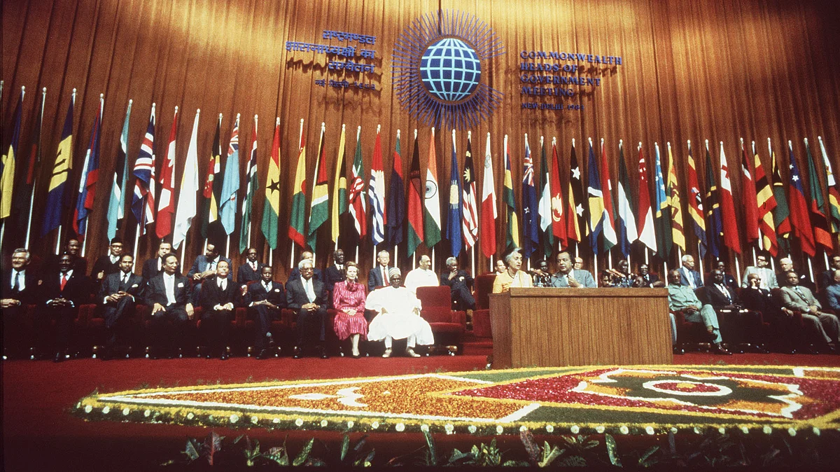 Opening of the Commonwealth Heads of Government meeting in Delhi with President Alhaji Shehi Shagari of Nigeria, Margaret Thatcher and India’s Prime Minister Indira Gandhi. (Photo by Ron Bell - PA Images/PA Images via Getty Images, 23 November, 1983)