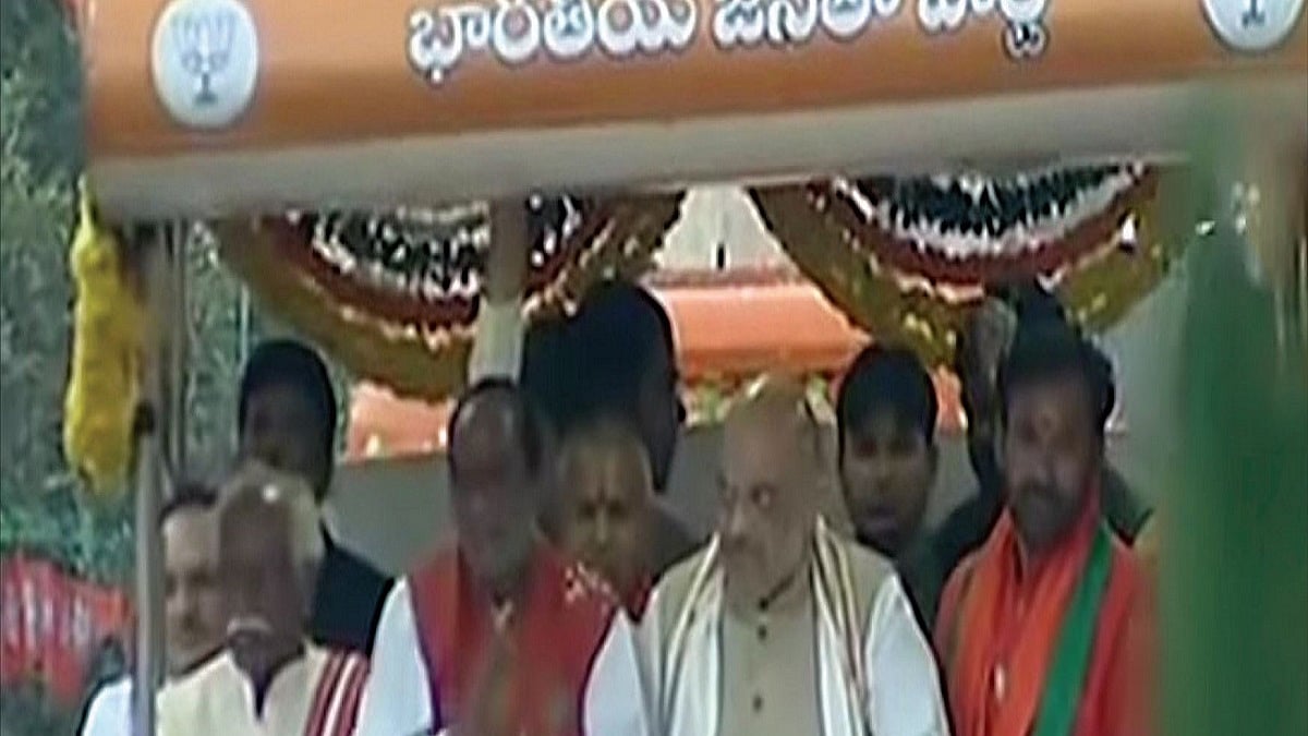  Amit Shah holding a road show in Hyderabad while canvassing for BJP candidates in the municipal polls &nbsp;