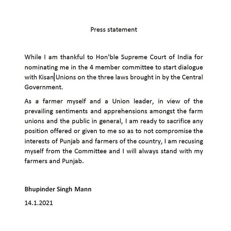 Bhupinder Singh Mann recuses himself from SC committee on farm laws