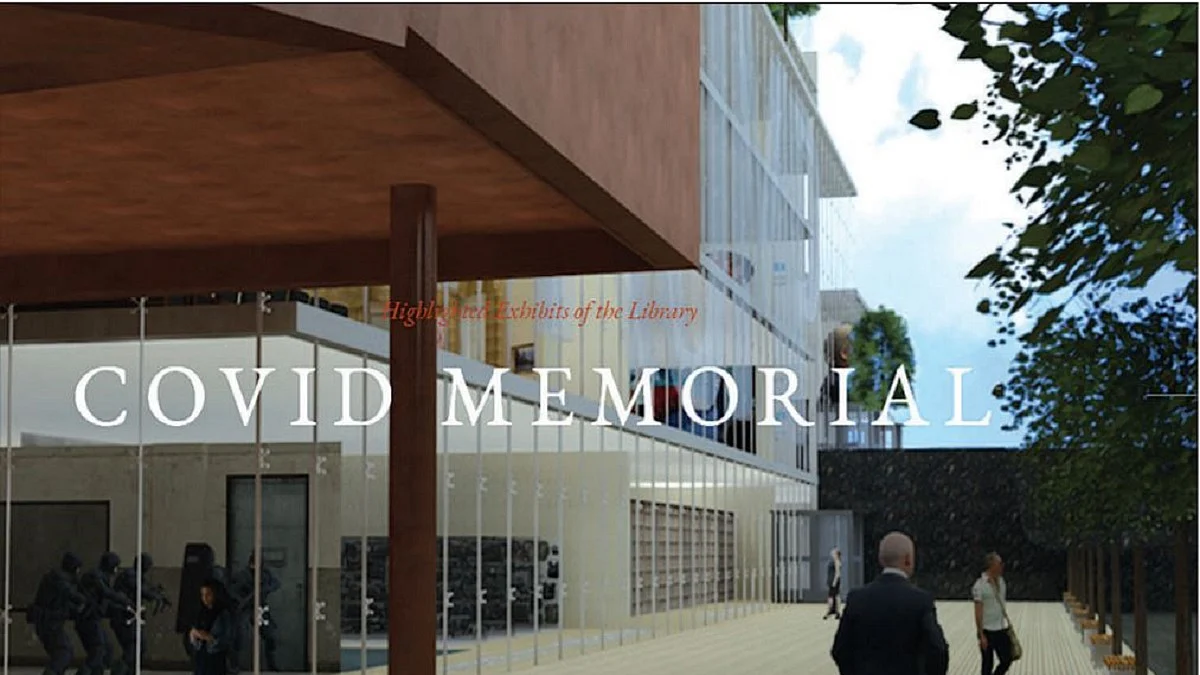 A parody website suggests the Trump World could have a ‘COVID Memorial’ (above), to mock Trump’s handling of the pandemic; (Left) Under the ‘Grift’, it lists a number of items including MAGA playing cards with tweets by the outgoing President