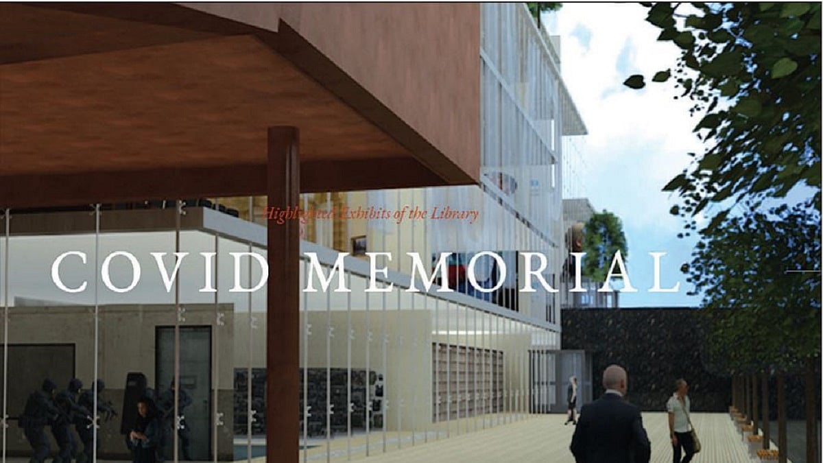 A parody website suggests the Trump World could have a ‘COVID Memorial’ (above), to mock Trump’s handling of the pandemic; (Left) Under the ‘Grift’, it lists a number of items including MAGA playing cards with tweets by the outgoing President