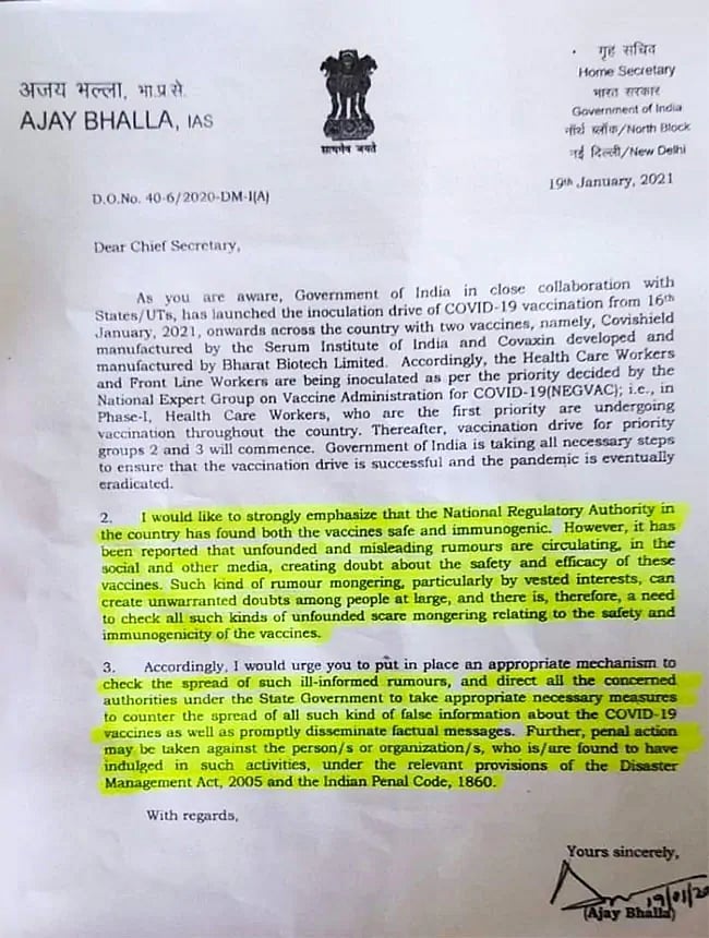 Home Ministry directs states to act against those spreading misinformation on Covid-19 vaccine