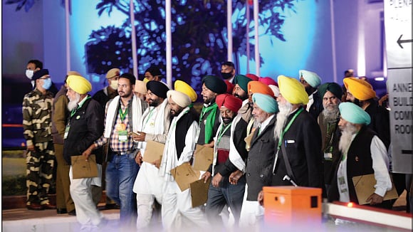 Farmers’ leaders emerging from Vigyan Bhawan after a meeting with the government panel