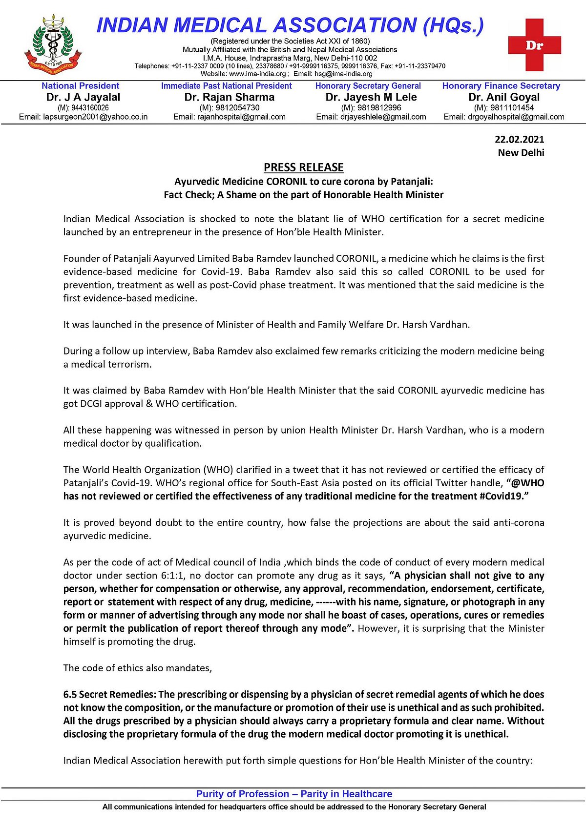 IMA slams Harsh Vardhan for endorsing Patanjali’s Coronil; WHO denies issuing any approval 