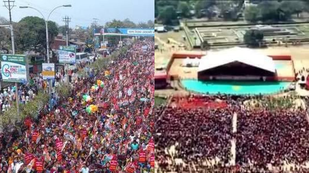 Mamata Banerjee’s march on Sunday (left), PM Modi’s rally in West Bengal on Sunday (right)
