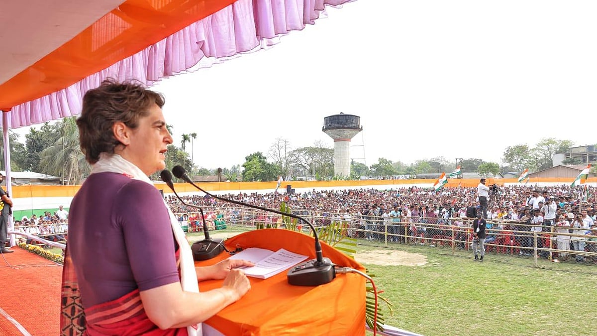 Congress general secretary Priyanka Gandhi addresses an election rally in Assam on Sunday, March 21