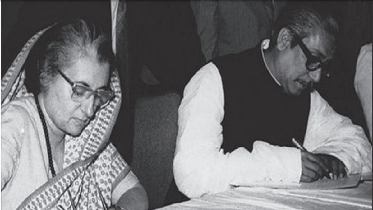  Indian PM Indira Gandhi (left) and Bangladesh PM Sheikh Mujibur Rahman sign treaty of friendship in Dhaka on March 19, 1972 &nbsp;