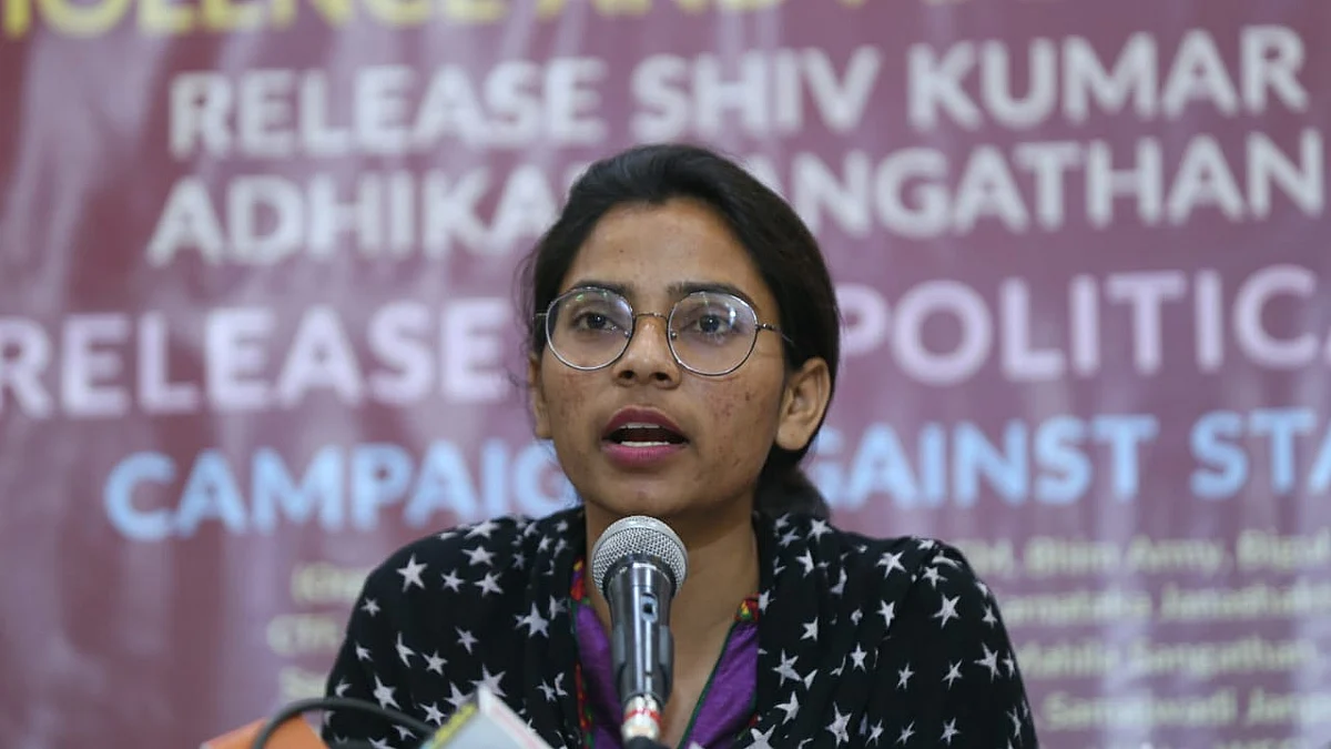 Nodeep Kaur at a press conference held in Delhi on Monday (NH photo by Vipin)