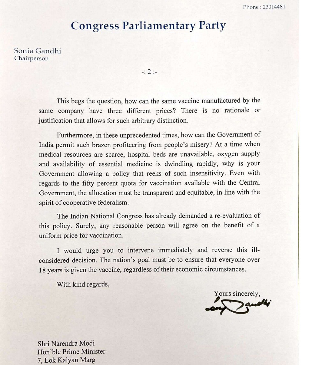 Vaccine policy arbitrary, discriminatory: Sonia Gandhi writes to PM Modi, urges him to reverse it immediately