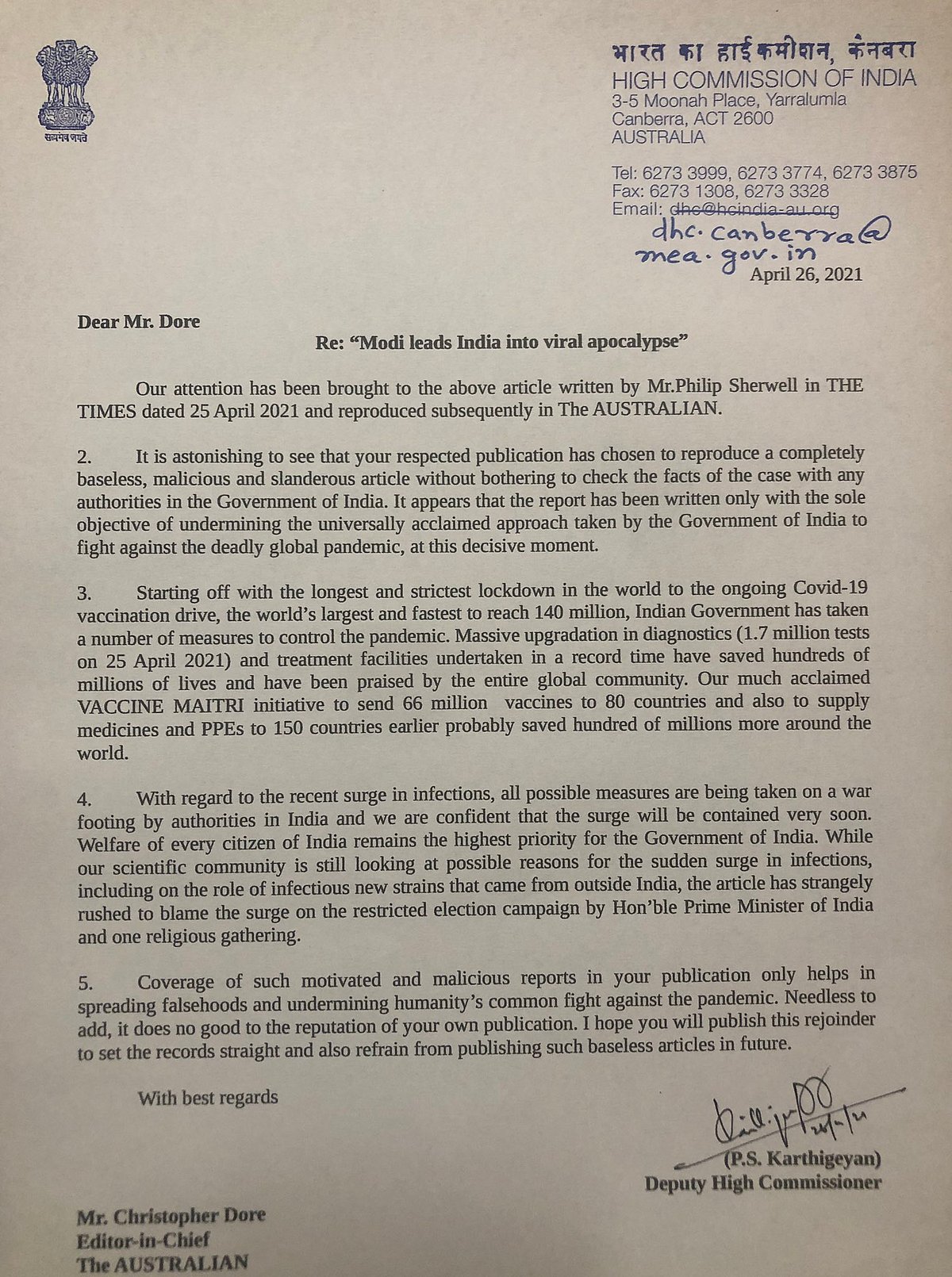 Indian High Commission slams The Australian ‘Viral Apocalypse’ report on COVID-19