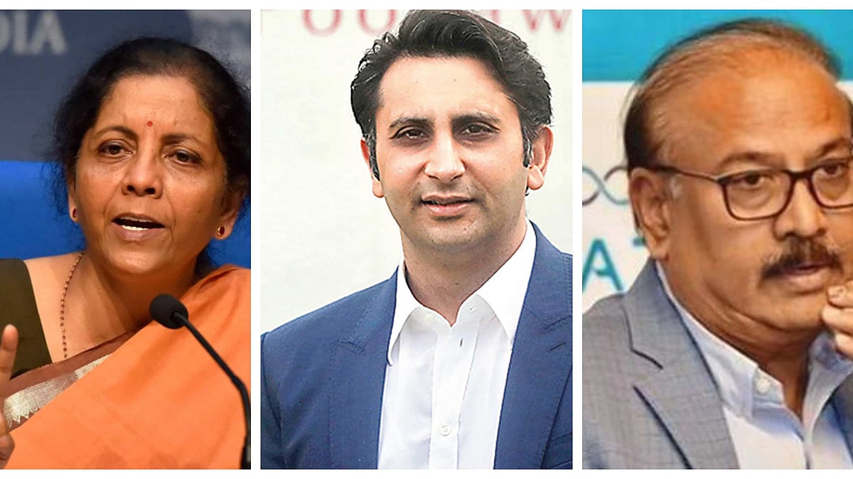 (L-R) FM Nirmala Sitharaman, SII CEO Adar Poonawalla and  Bharat Biotech Chairman Krishna Ella