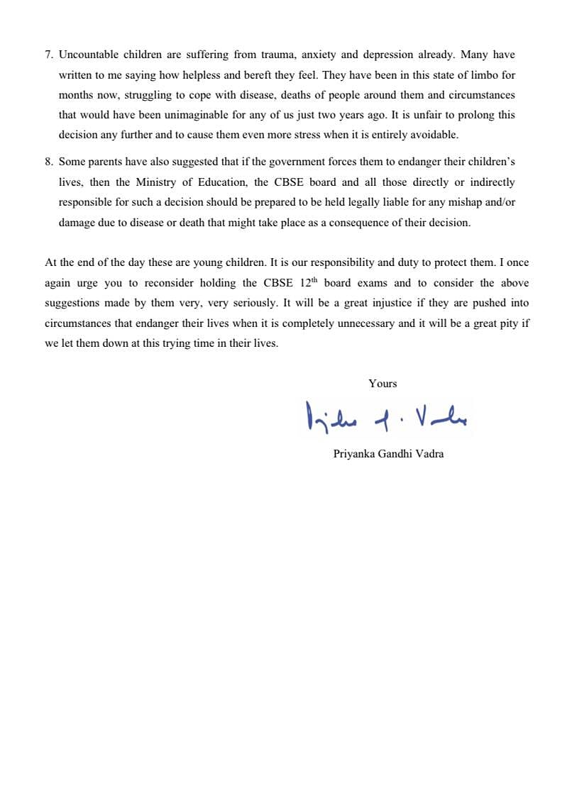 Don't risk students' lives, reconsider holding Class XII exams: Priyanka Gandhi writes to education minister