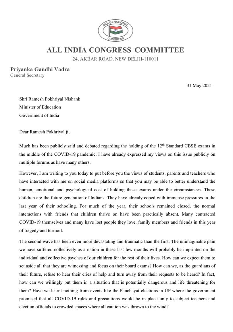 Don't risk students' lives, reconsider holding Class XII exams: Priyanka Gandhi writes to education minister