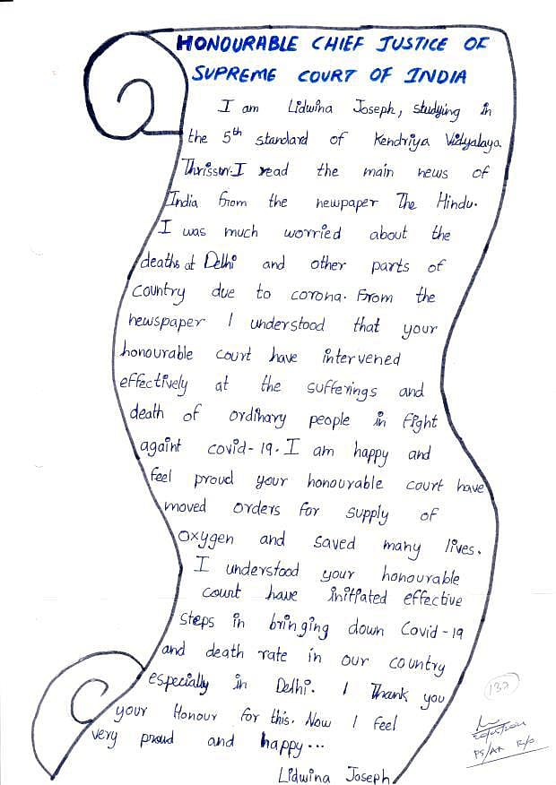 5th class Kerala girl writes to CJI, lauds SC for saving lives in fight with COVID