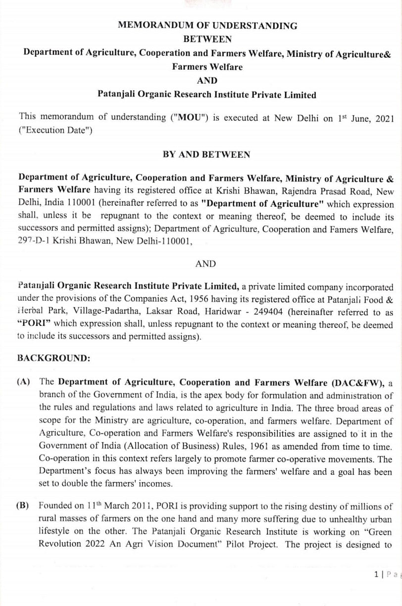 Centre inks MoU with Ramdev-owned firm to create data pool for ‘smart farming’ despite lack of any credentials