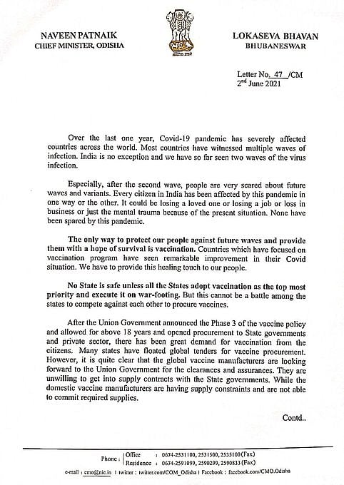 Odisha CM Naveen Patnaik pitches for COVID vaccine procurement by Centre in letter to all CMs