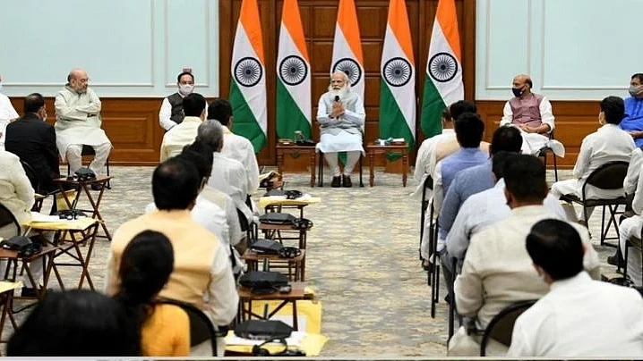 PM Narendra Modi at a meeting with new entrants ahead of the swearing-in ceremony