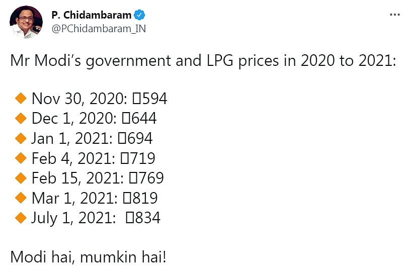 After LPG price hike, Chidambaram's 'Modi hai Mumkin hai' jibe