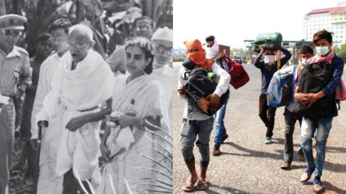Mahatma Gandhi in Noakhali in 1946 and Migrant workers walking back home after sudden lockdown in 2020
