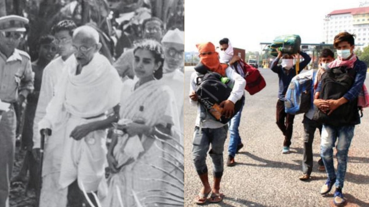 Mahatma Gandhi in Noakhali in 1946 and Migrant workers walking back home after sudden lockdown in 2020