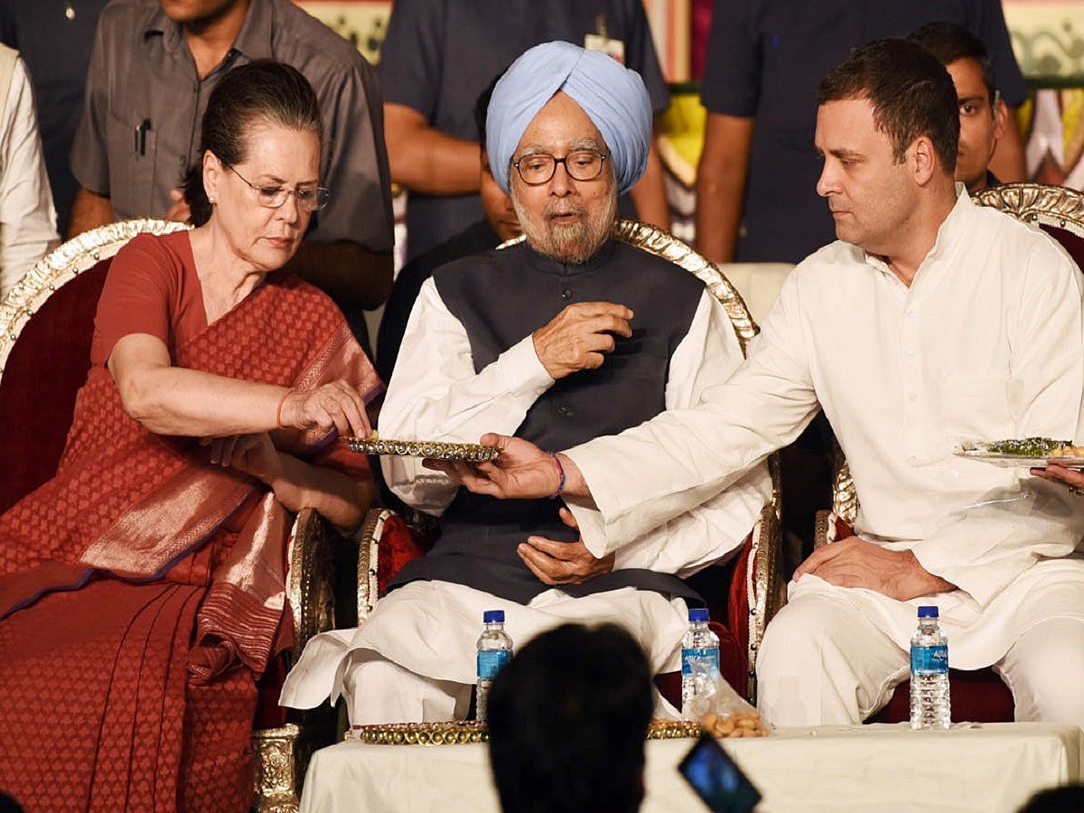 Dr Manmohan Singh with Congress leaders Sonia Gandhi and Rahul Gandhi