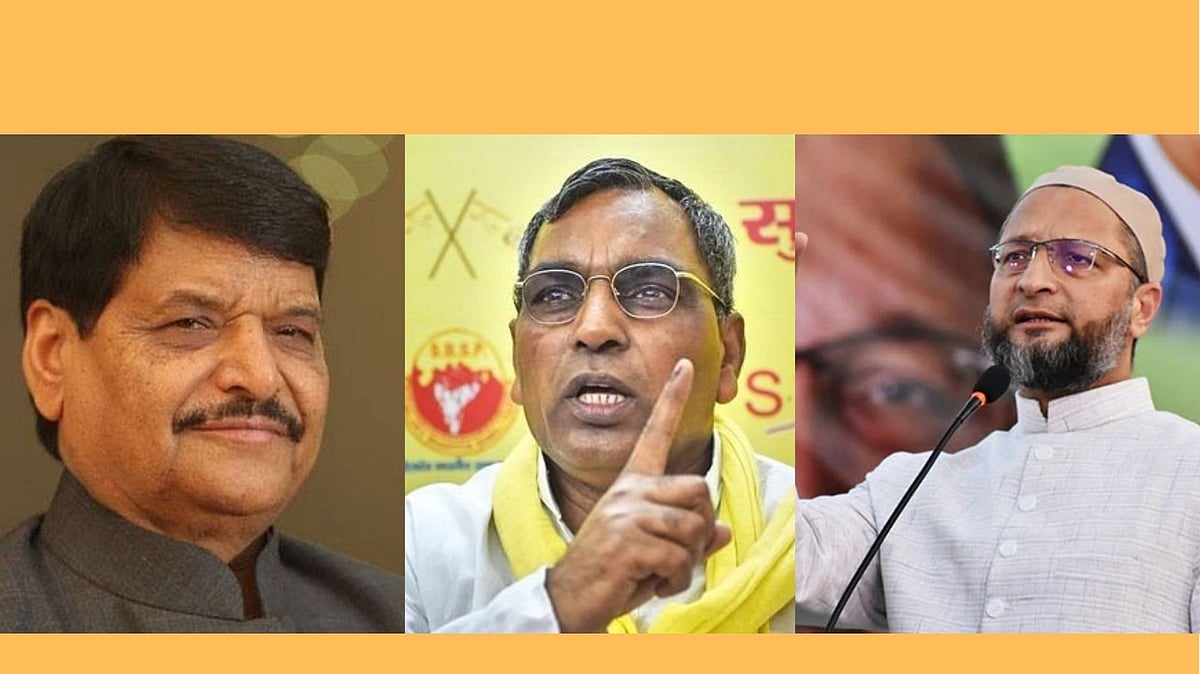 (From Left to Right) Shivpal Yadav, Om Prakash Rajbhar, Asaduddin Owaisi