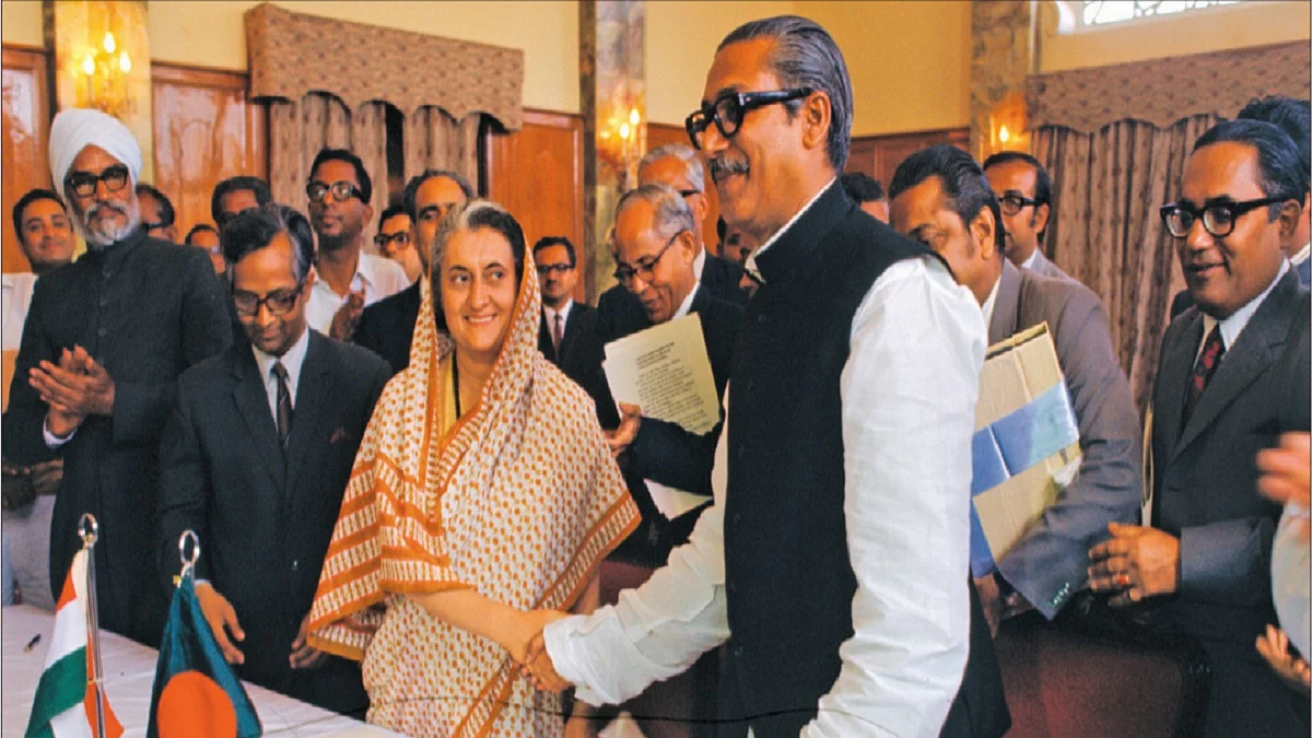 Indira Gandhi with Sheikh Mujibur Rahman (right), the founding father of Bangladesh  