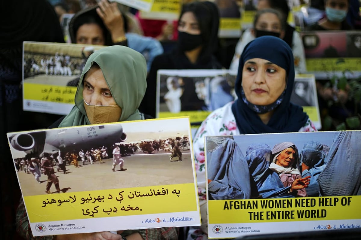 Afghan refugee women protest against atrocities on women under Taliban regime