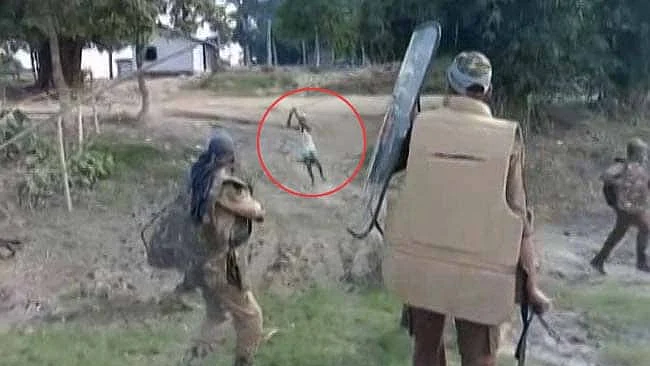 A Muslim Assamese was shot and thrashed with batons by the police when he came chasing a policeman during an eviction drive in Darrang, Assam