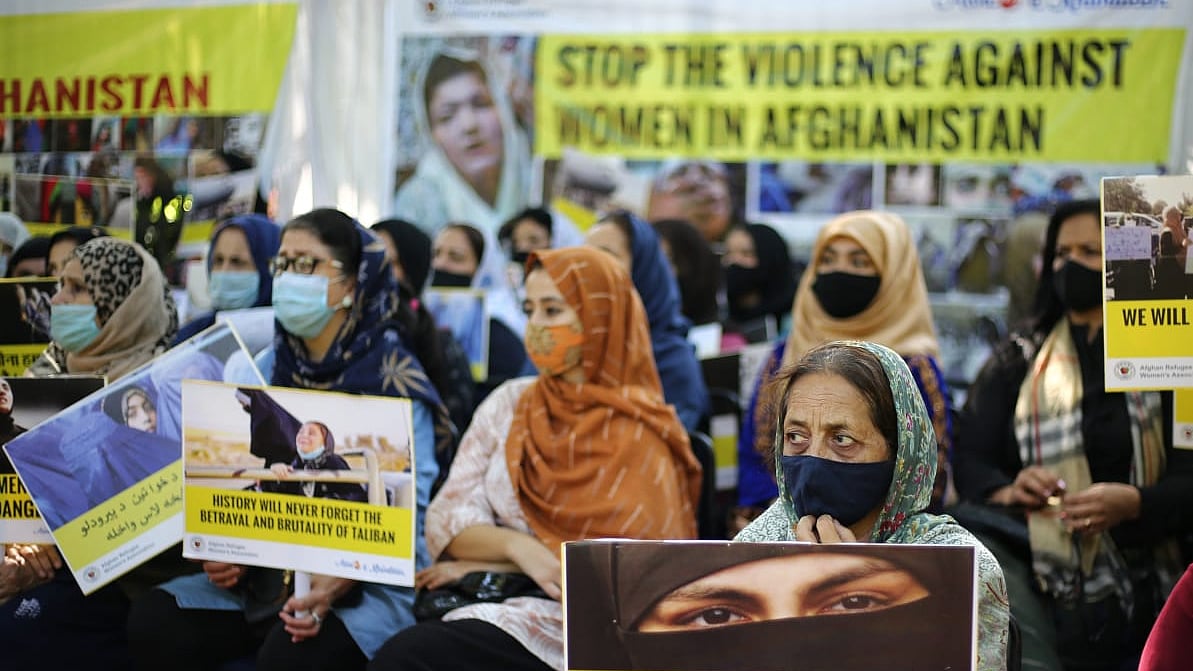 Afghan refugee women protest against atrocities on women under Taliban regime