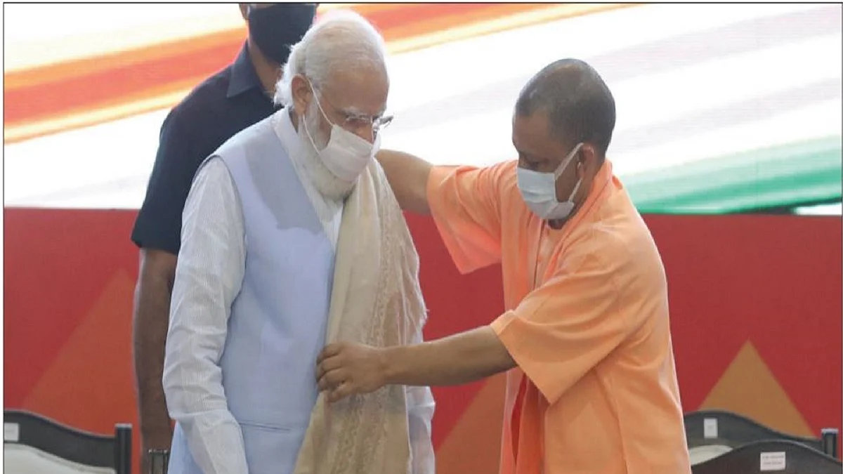 PM Modi being greeted by UP chief minister Yogi Adityanath in Lucknow