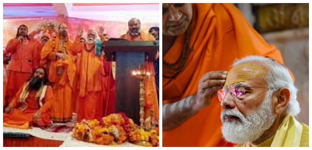 (Left) Dharma Sansad in progress at Haridwar; (right) PM Modi in Varanasi