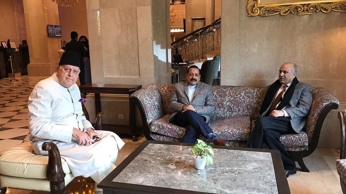 Farooq Abdullah and Masoodi arriving to attend the second meeting of the Delimitation Commission (IANS photo)