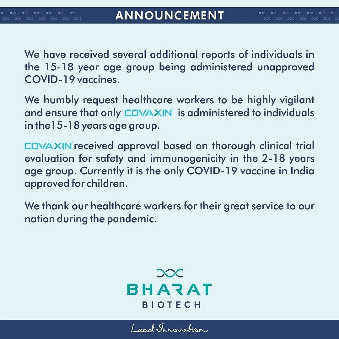 LIVE News Updates: Bharat Biotech requests healthcare workers to only administer COVAXIN to 15-18 age group