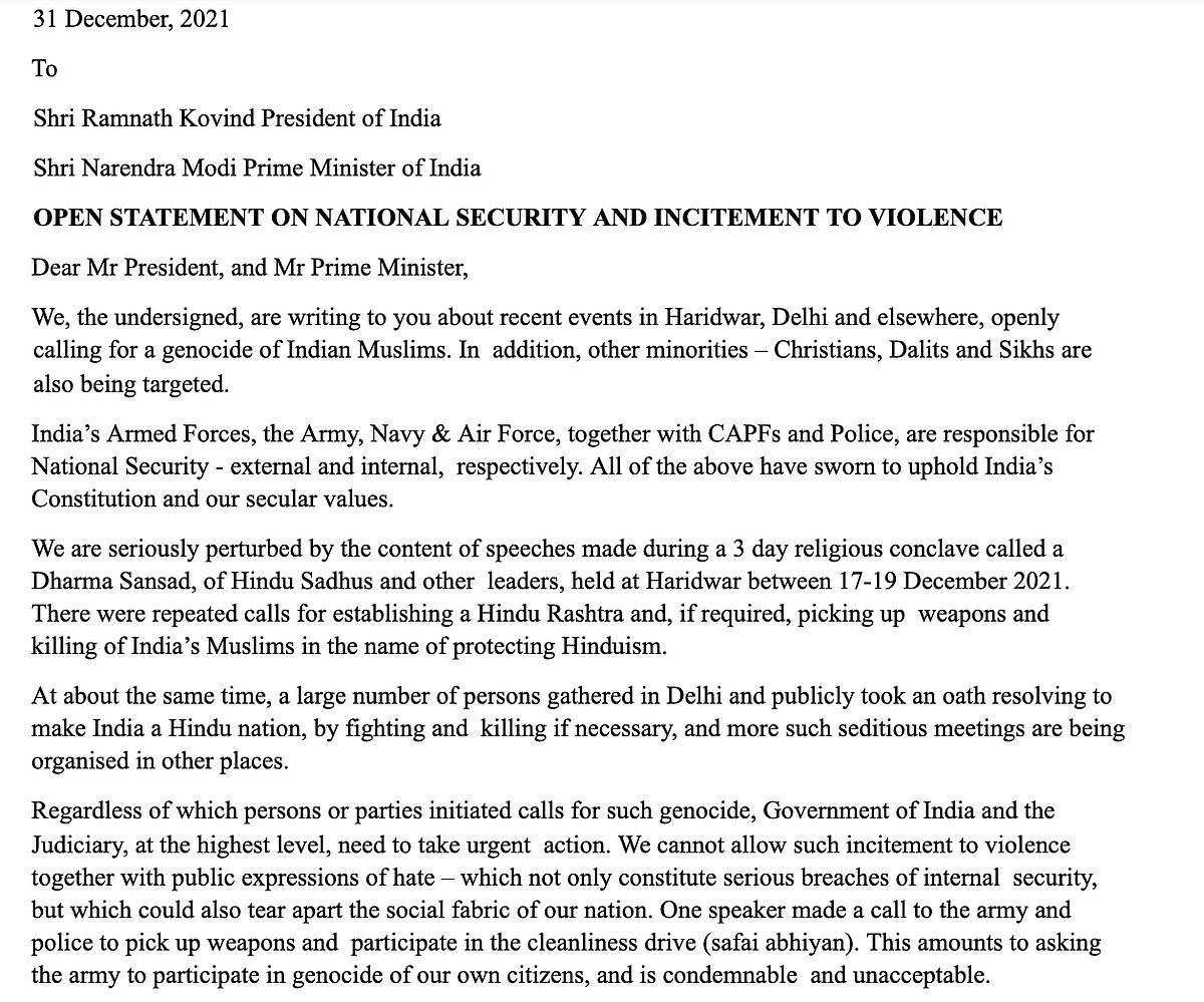 Silence of President and the PM to the letter from former Services chiefs on hubris of hate disturbing