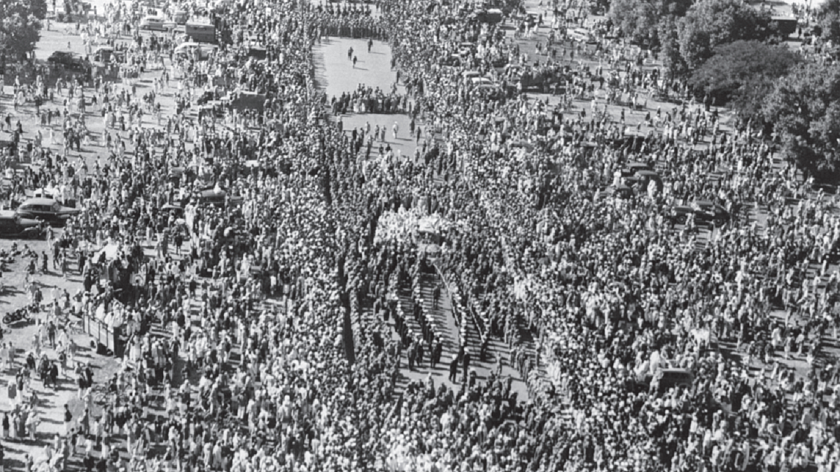 Mahatma Gandhi's funeral procession in New Delhi, January 31, 1948. Gandhi was shot dead by Hindutva fanatic Nathuram Godse a day before.
