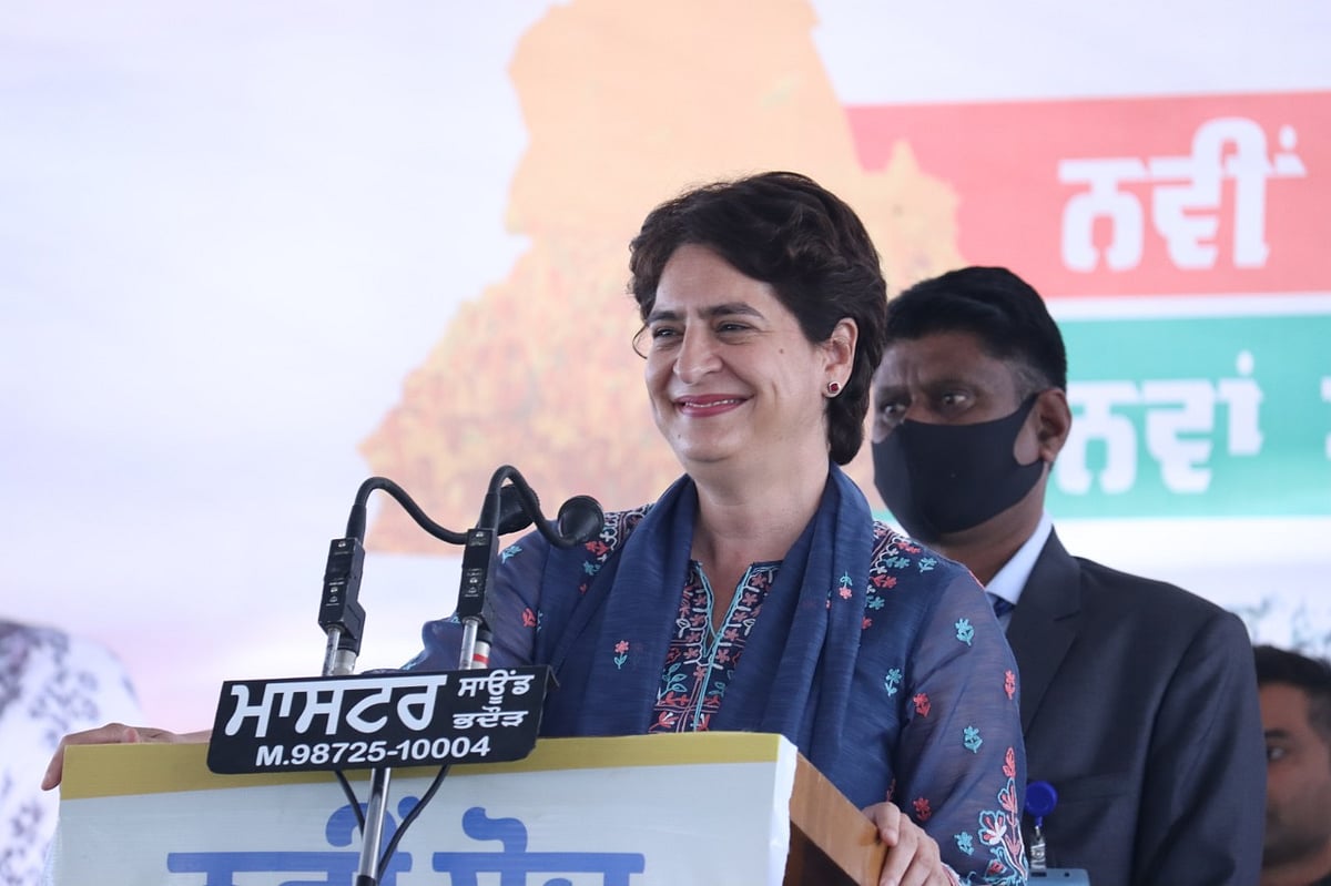 Priyanka Gandhi addresses a gathering in Kotkapura, Punjab on Sunday