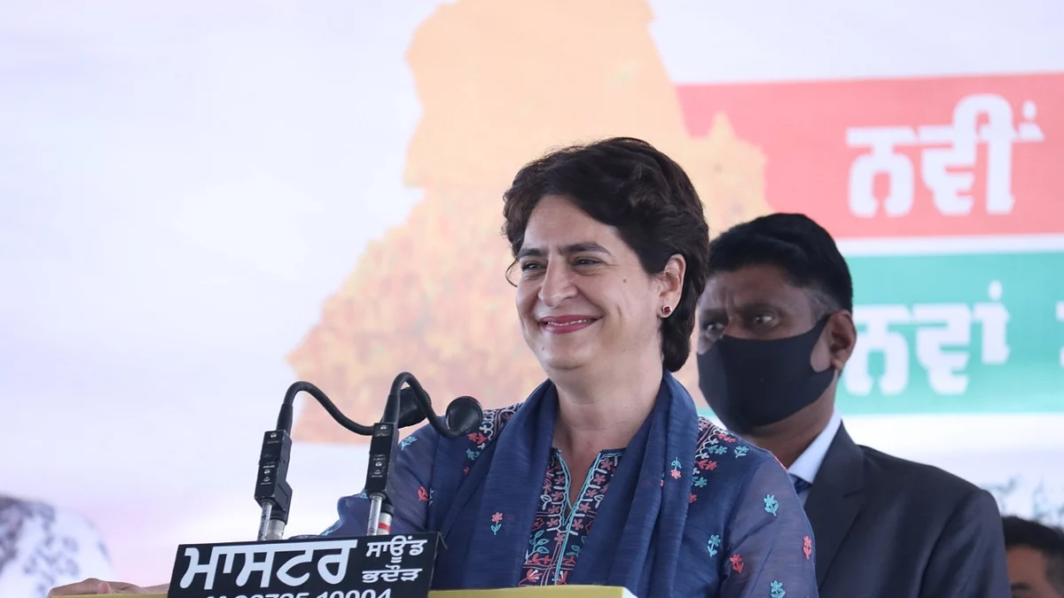 Priyanka Gandhi addresses a gathering in Kotkapura, Punjab on Sunday