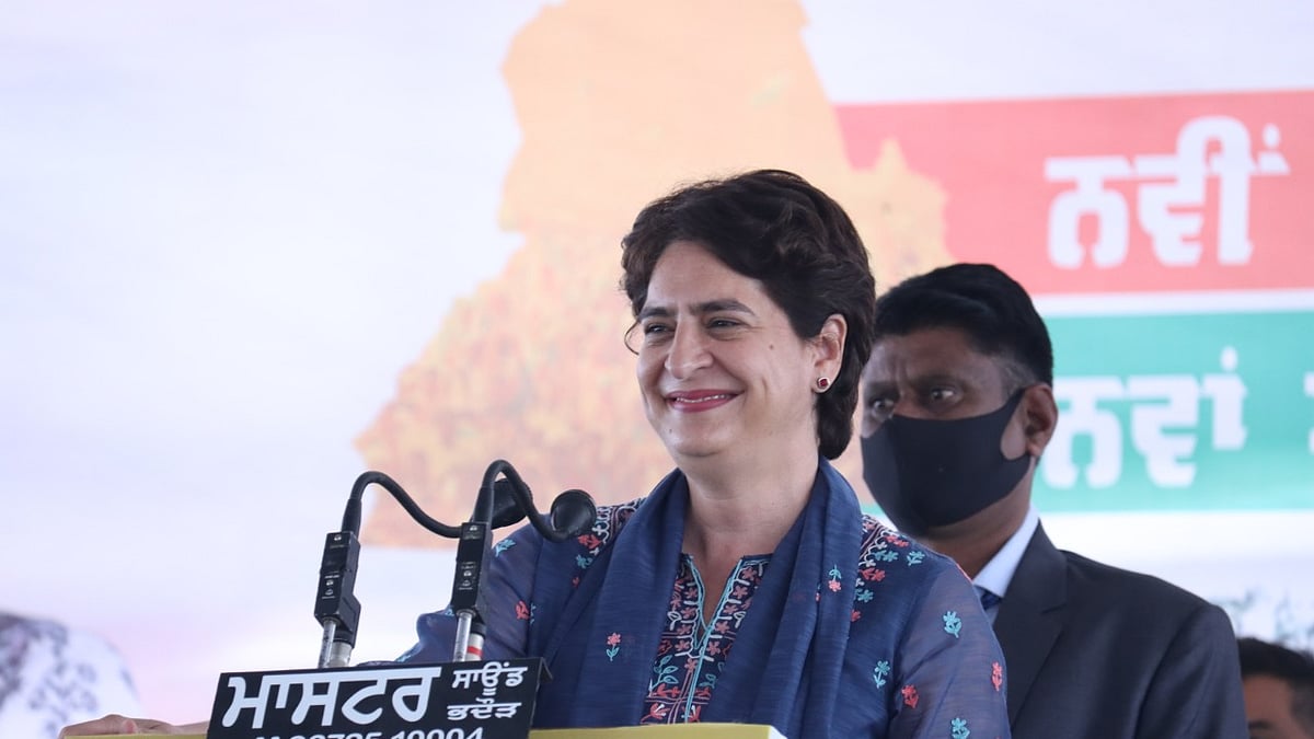 Priyanka Gandhi addresses a gathering in Kotkapura, Punjab on Sunday